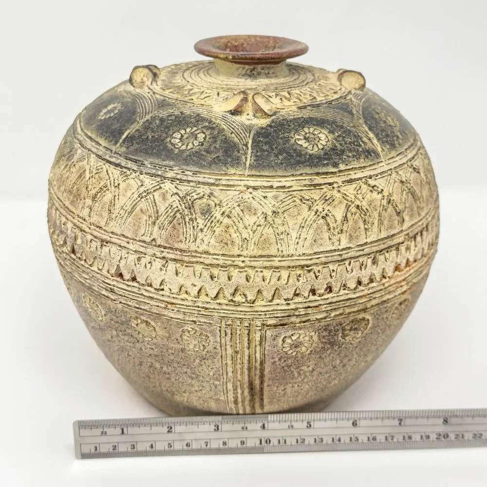 Vintage Carved Pottery Lug Vase Tribal Style Boho Global Decor Vessel